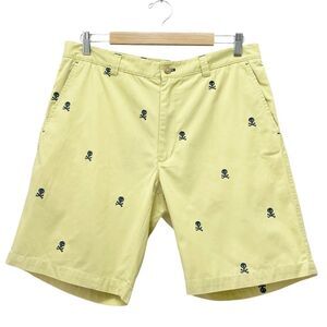 J. McLaughlin Chino Bermuda Shorts Cotton Embroidered Skull Yellow Navy Size 34